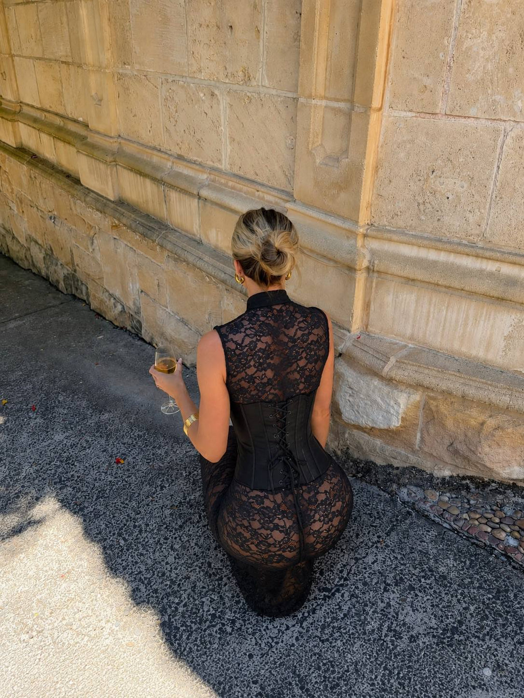 Black Lace Corset Slit Maxi Dress