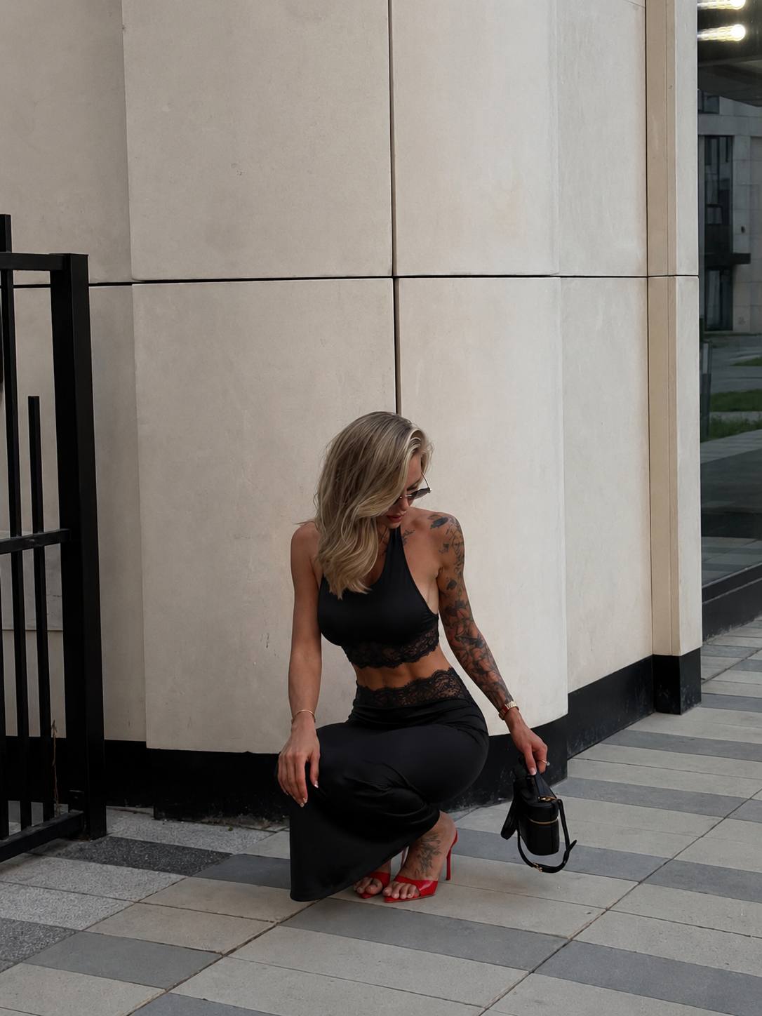 Black Lace Trim Maxi Set