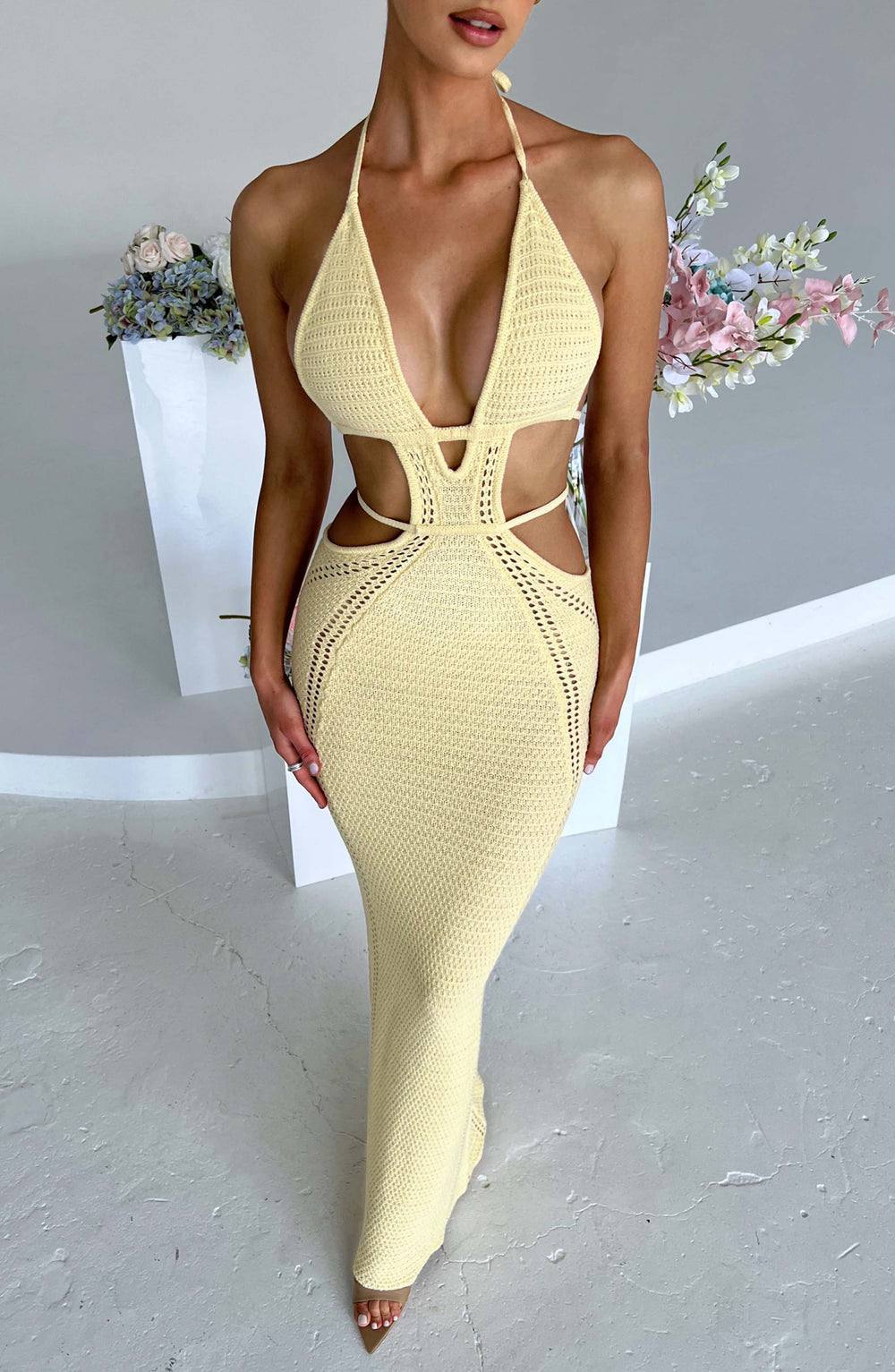 Butter Yellow Cut-Out Halter Maxi Dress