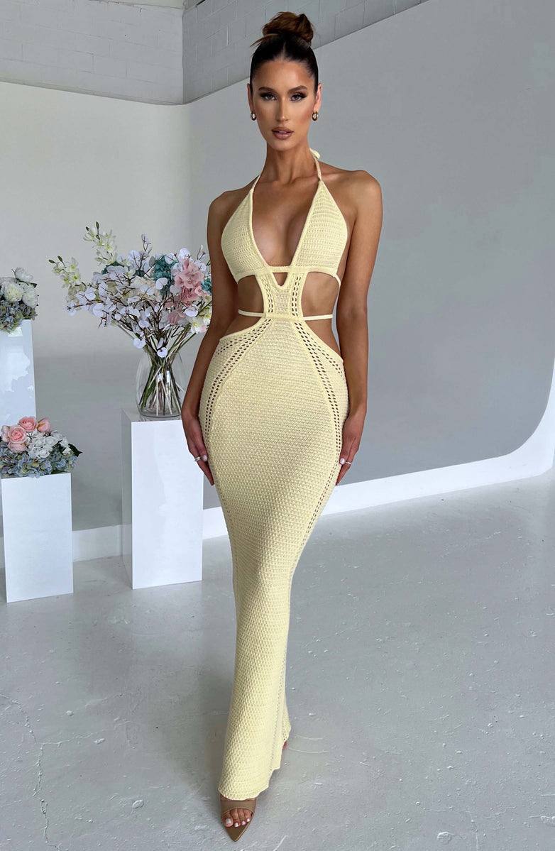 Butter Yellow Cut-Out Halter Maxi Dress