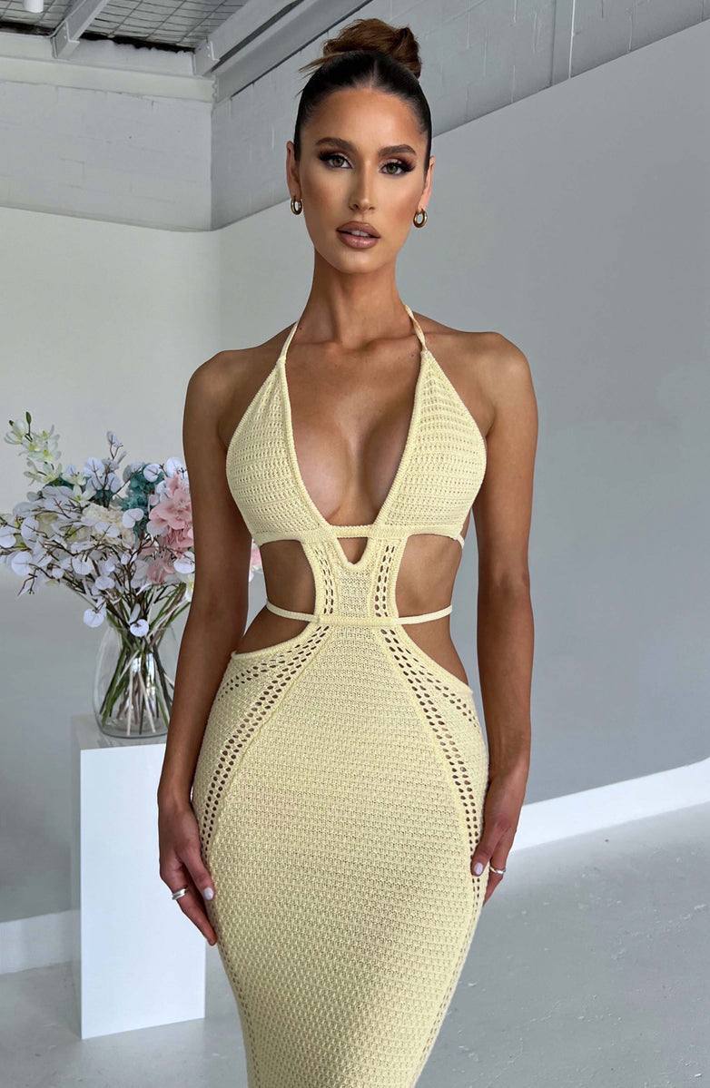 Butter Yellow Cut-Out Halter Maxi Dress
