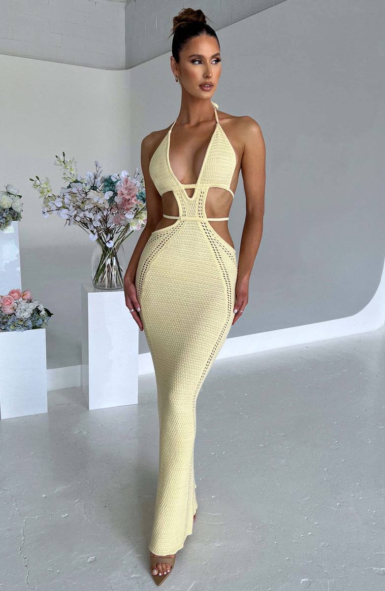 Butter Yellow Cut-Out Halter Maxi Dress