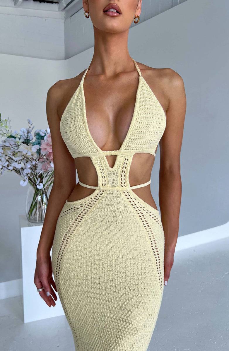 Butter Yellow Cut-Out Halter Maxi Dress