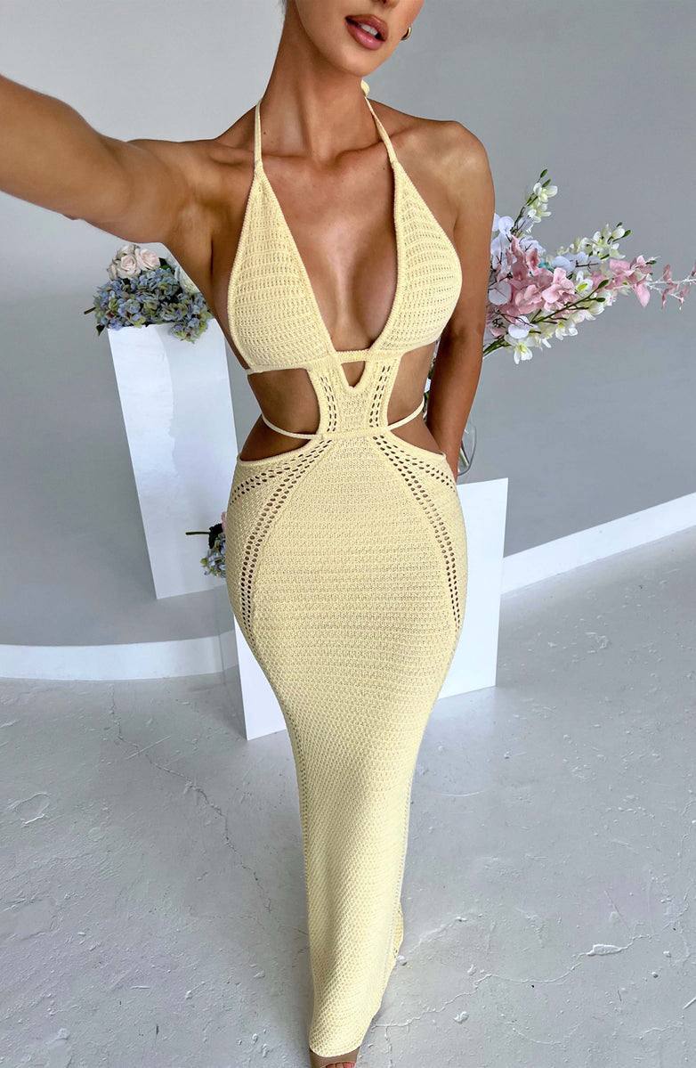 Butter Yellow Cut-Out Halter Maxi Dress
