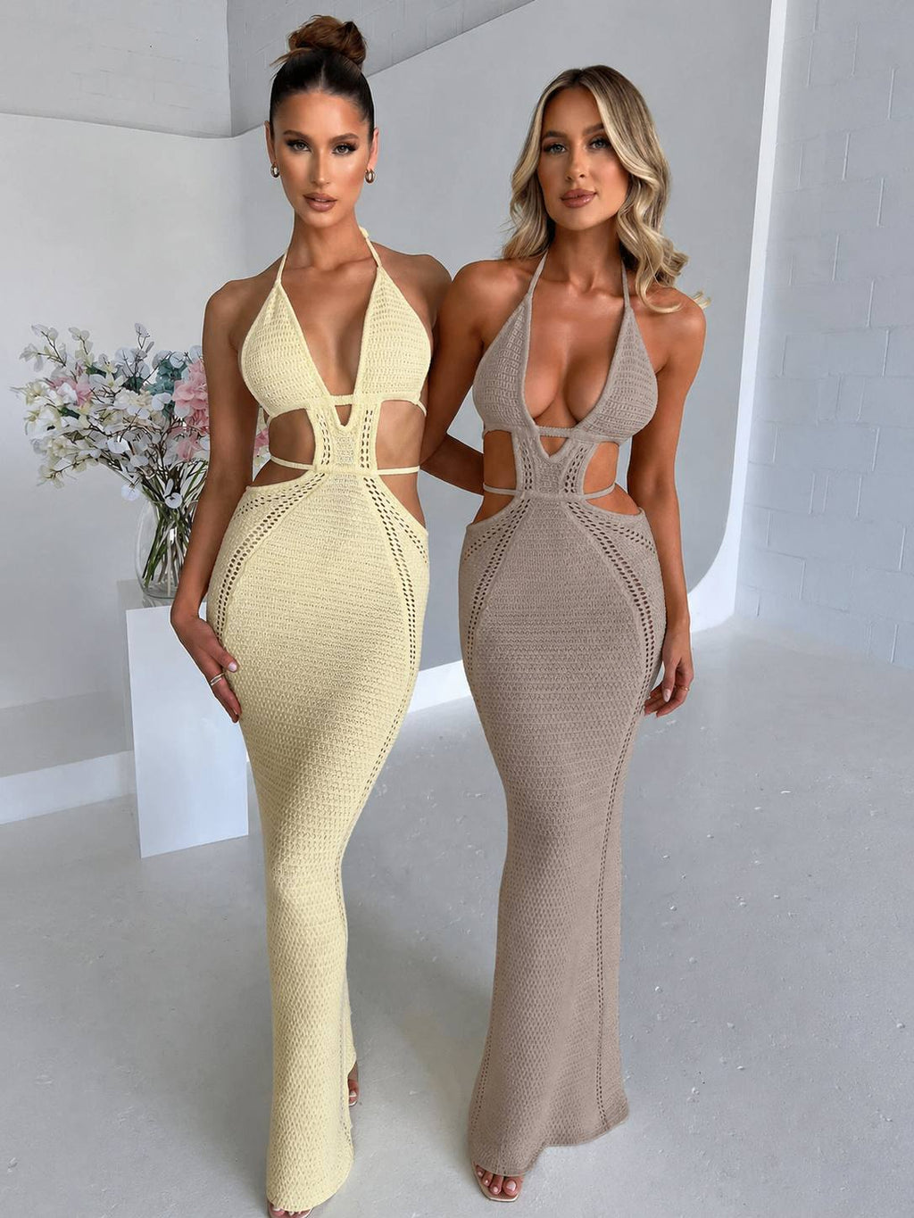 Beige Cut-Out Halter Maxi Dress