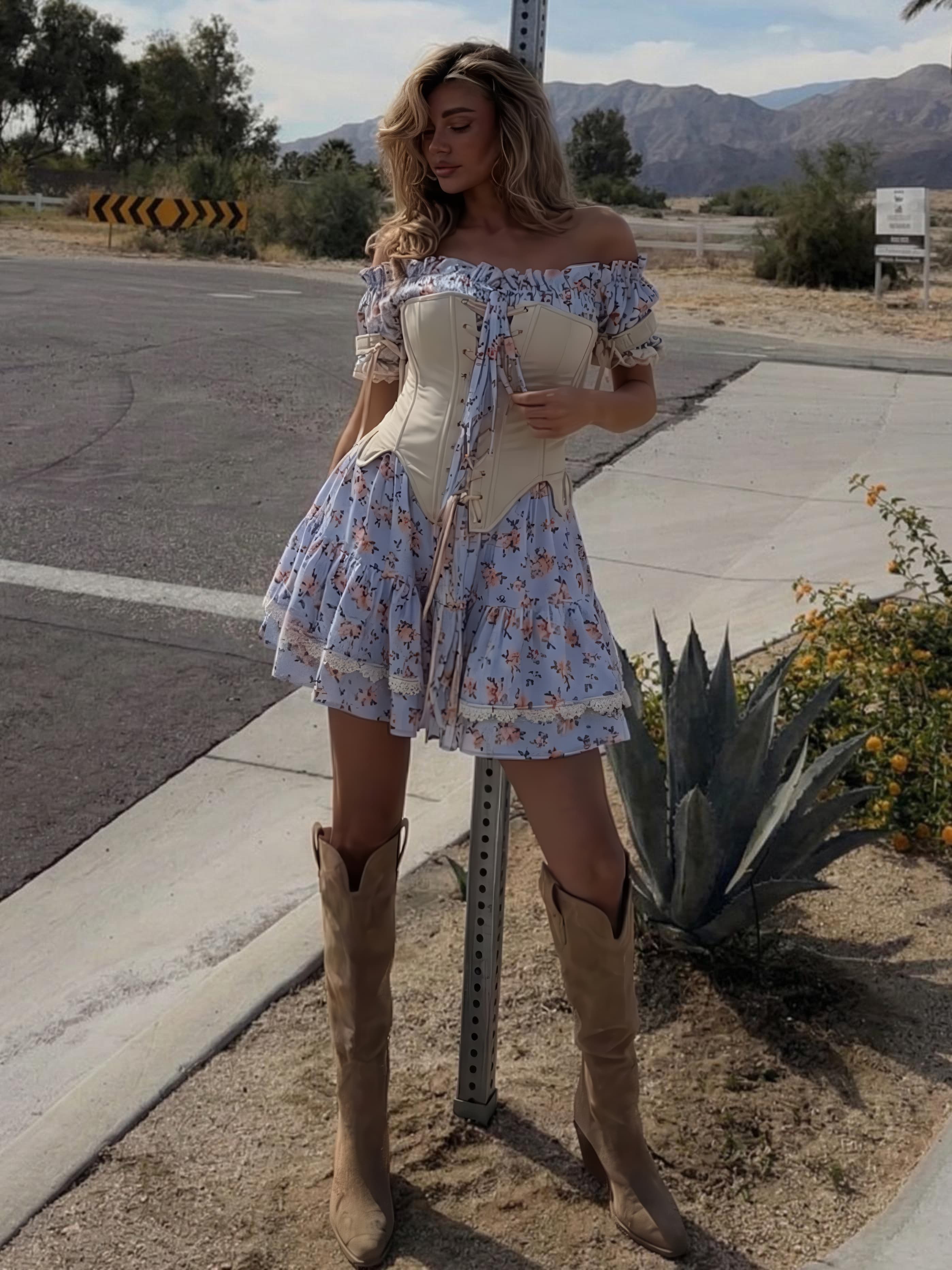 Blue Off-Shoulder Floral Mini Dress – Laryss Sharm