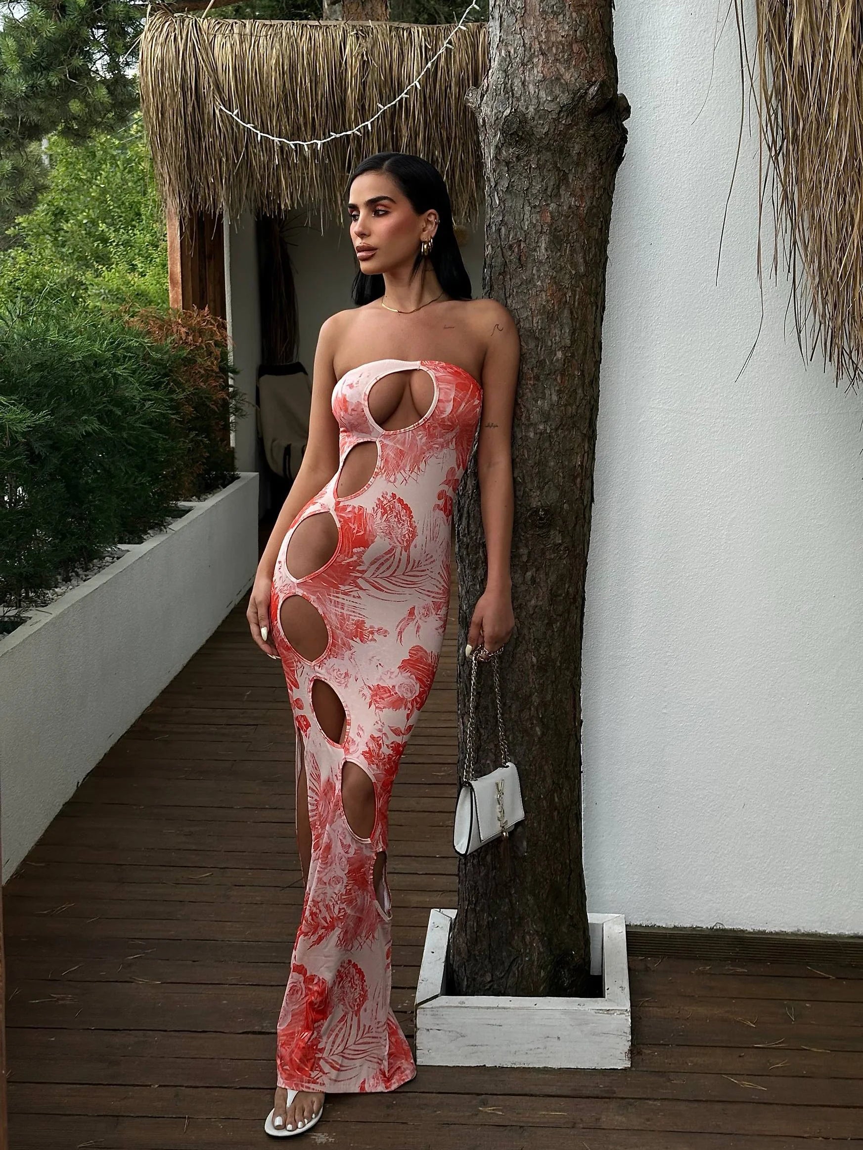 Коралловое Макси-платье без бретелек с принтом – Laryss Sharm