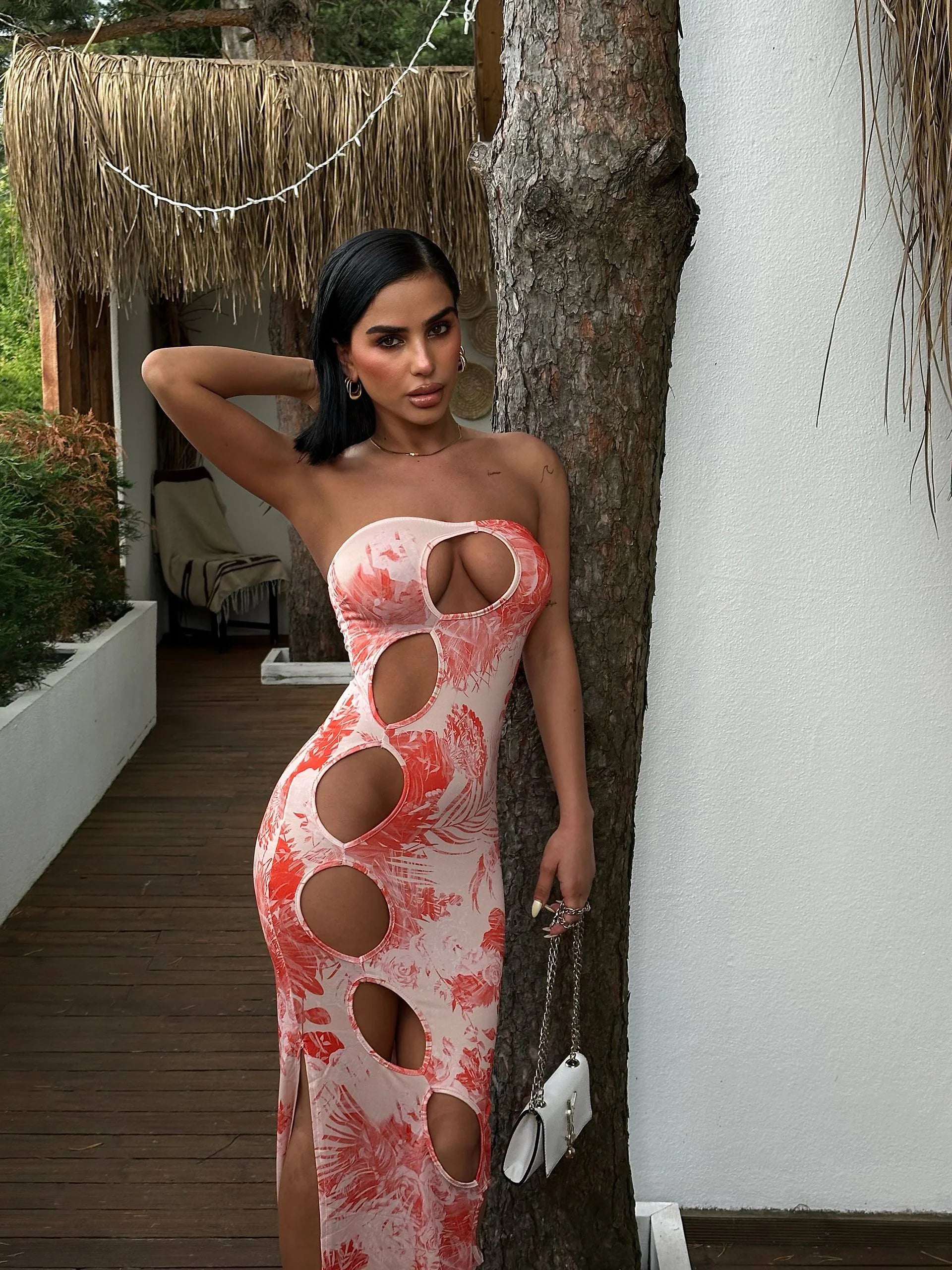 Коралловое Макси-платье без бретелек с принтом – Laryss Sharm