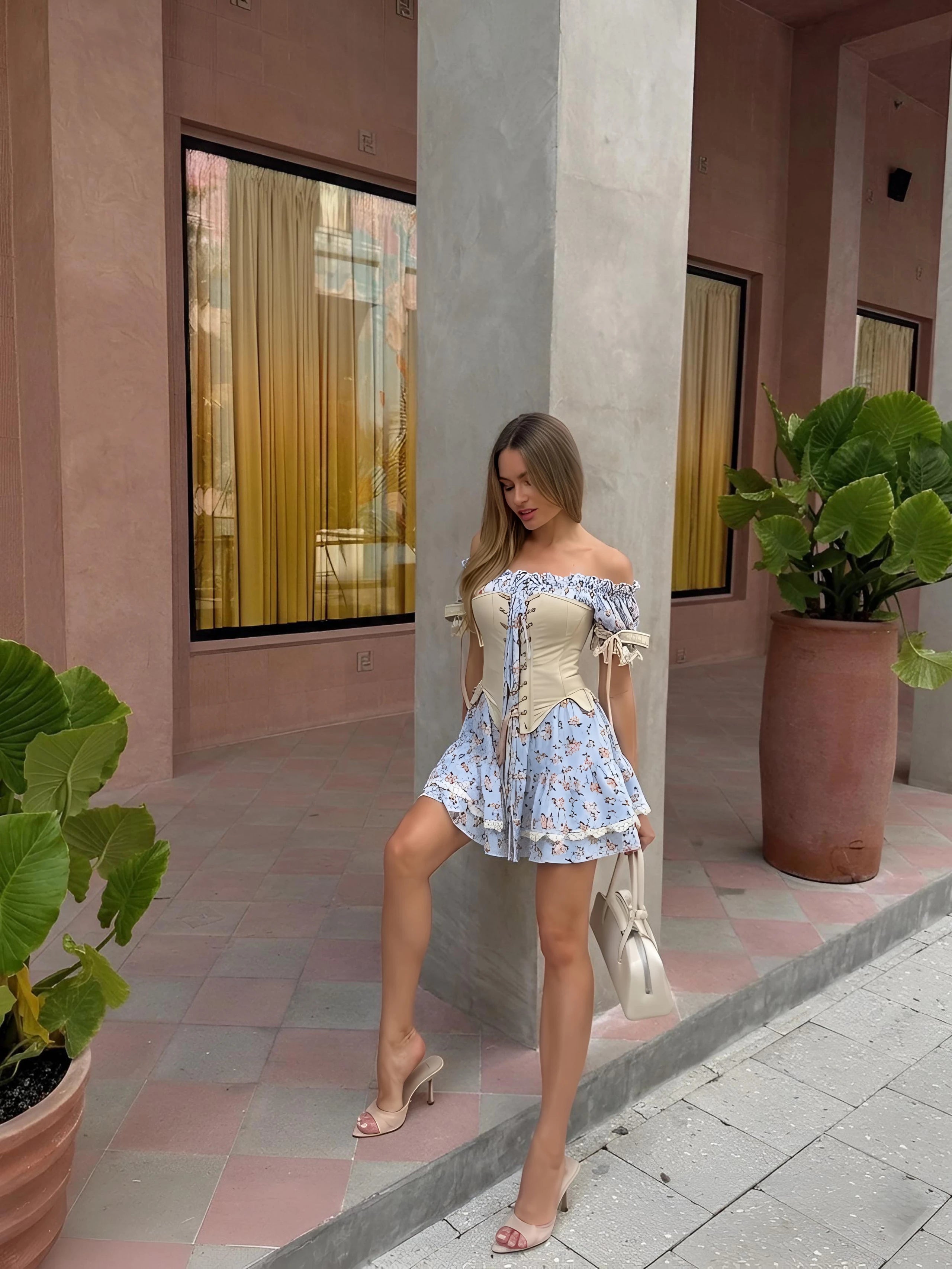 Blue Off-Shoulder Floral Mini Dress – Laryss Sharm