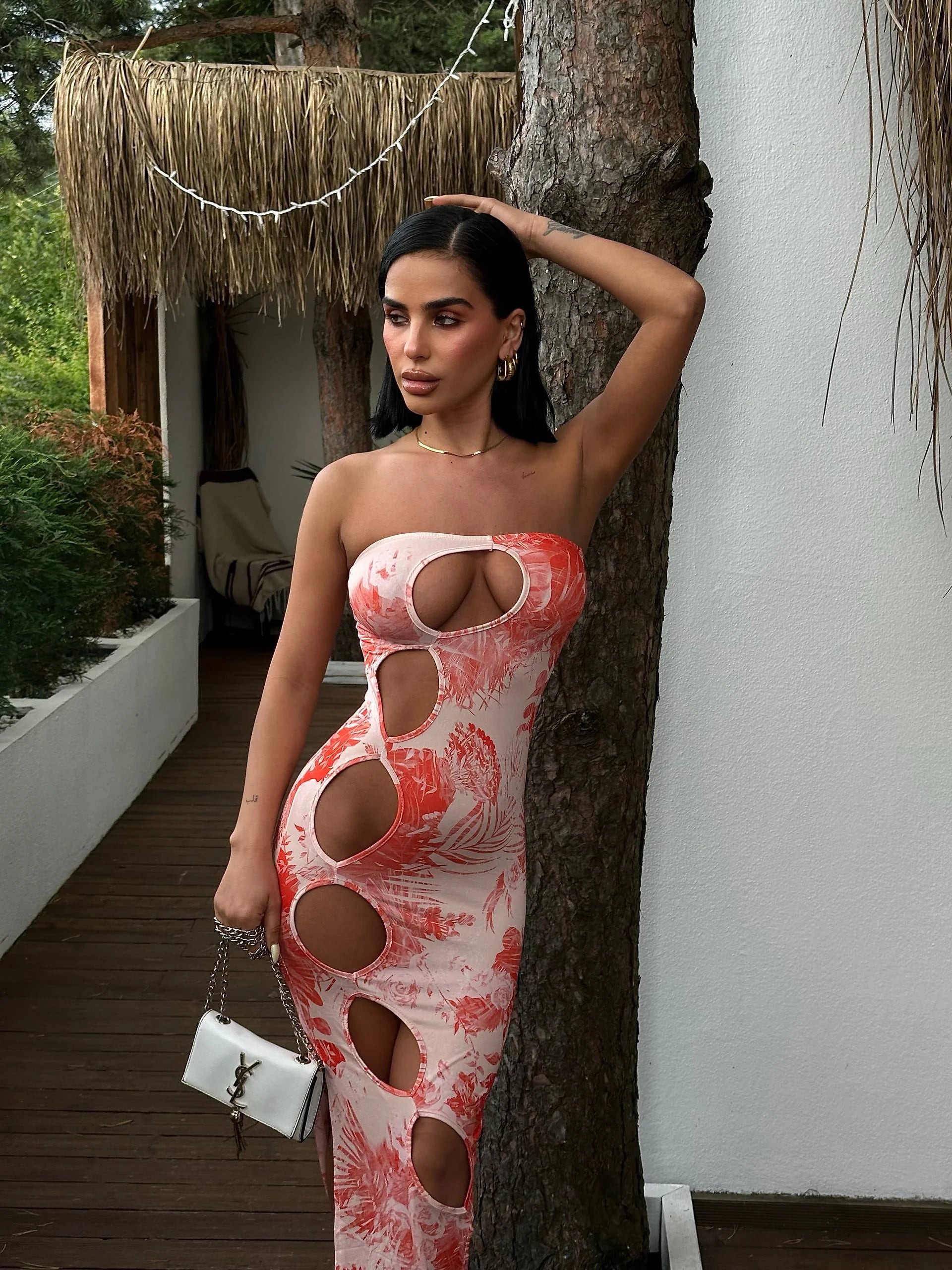 Коралловое Макси-платье без бретелек с принтом – Laryss Sharm