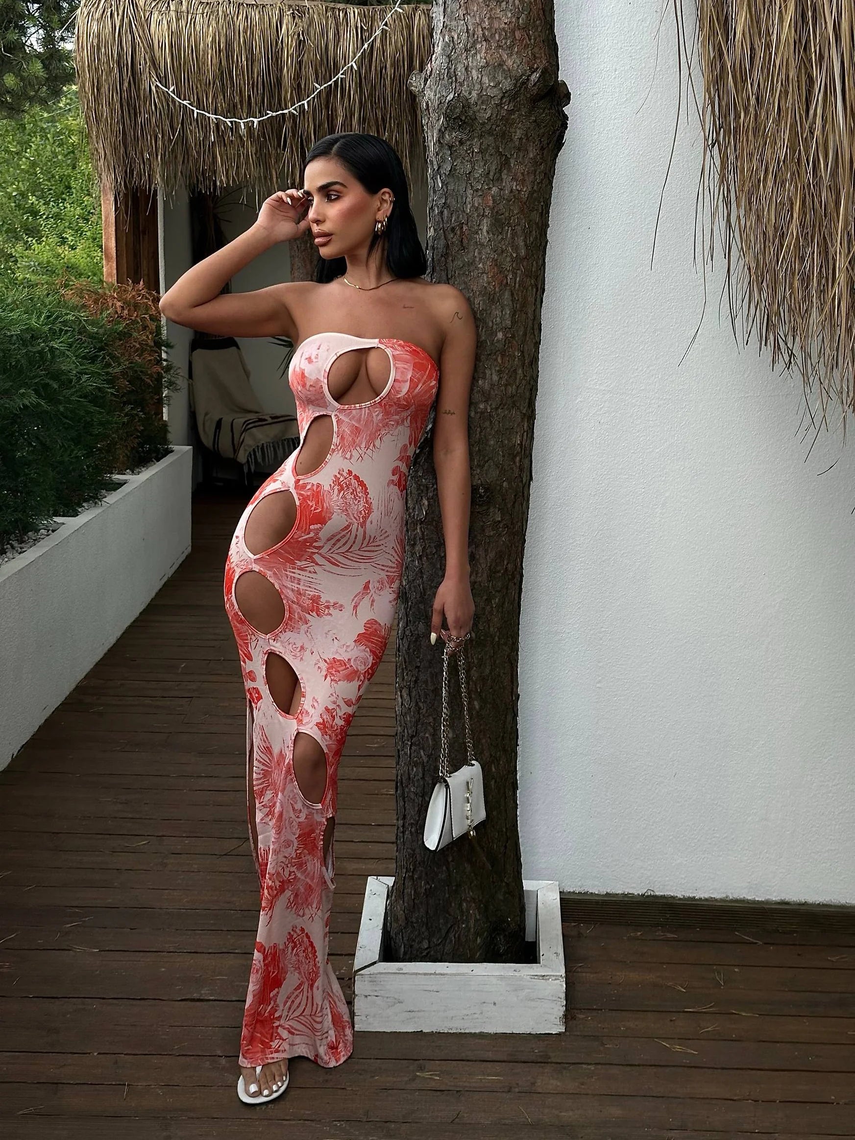 Коралловое Макси-платье без бретелек с принтом – Laryss Sharm