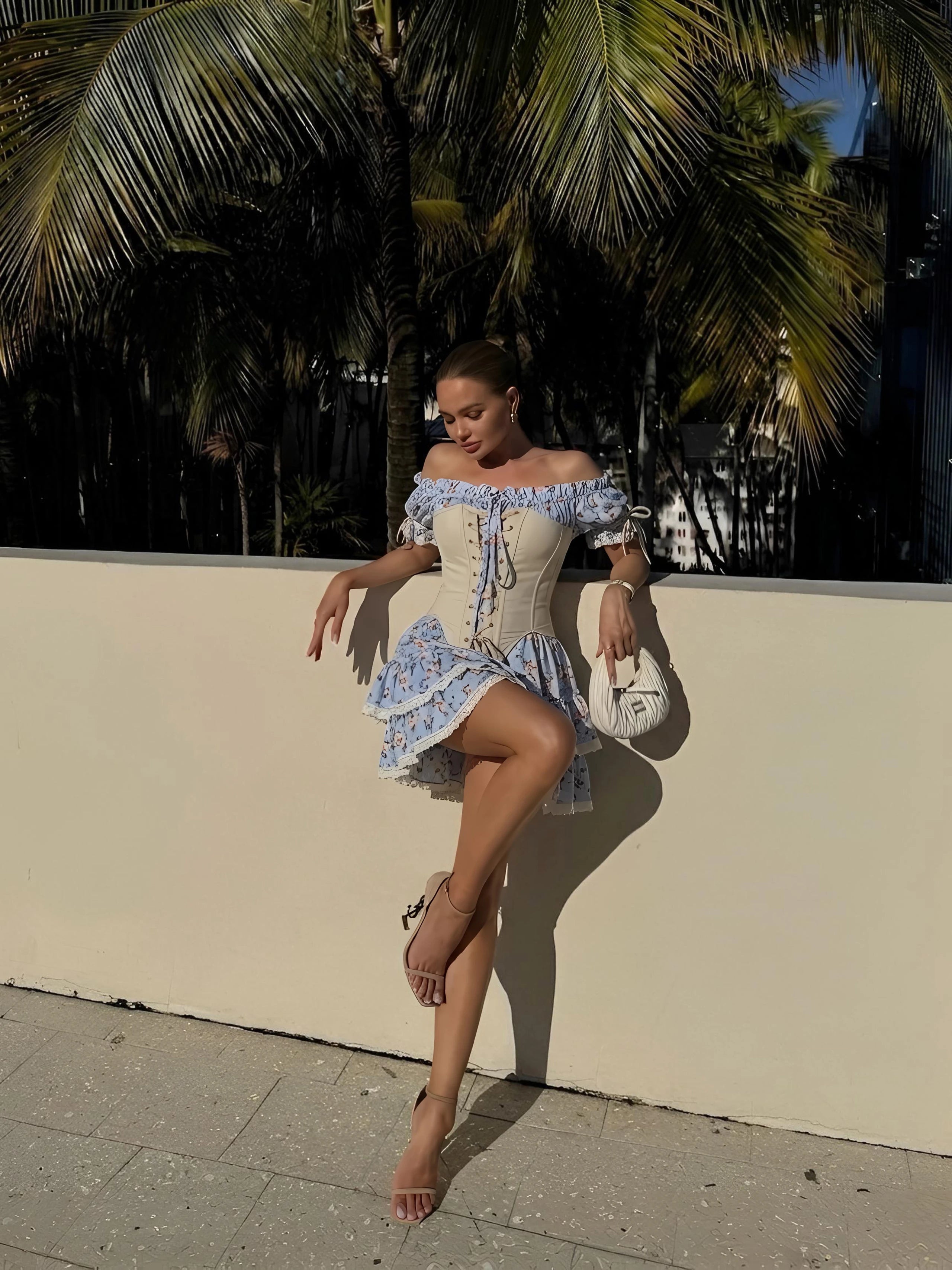 Blue Off-Shoulder Floral Mini Dress – Laryss Sharm